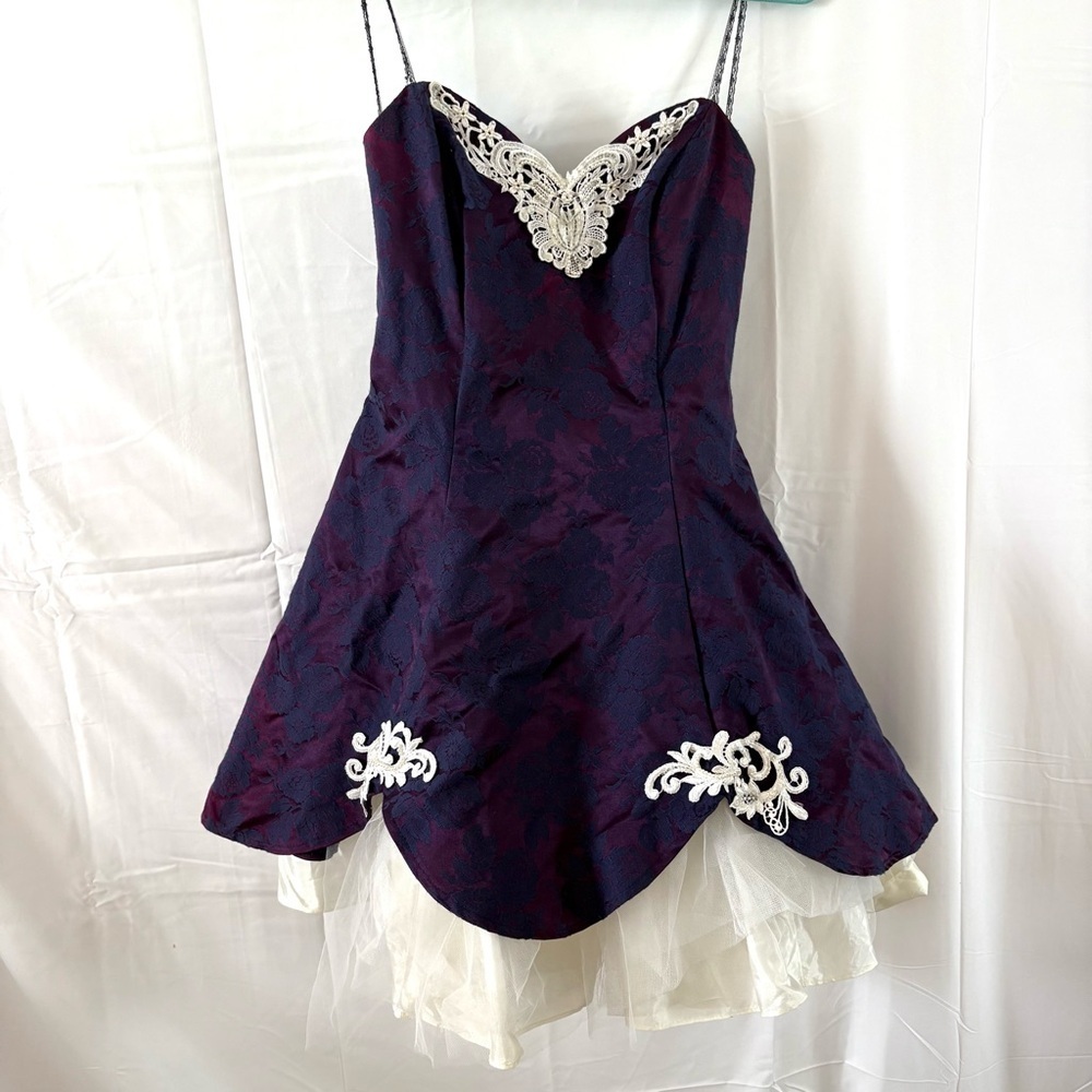 Vintage strapless puff mini dress navy blue jacquard lace formal prom medium - Picture 2 of 6